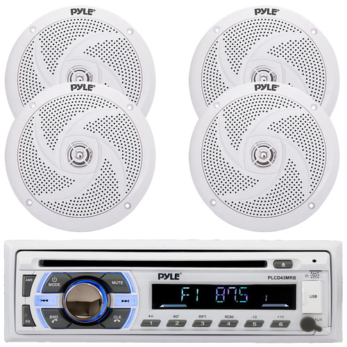 Pyle PLCD43MRB Single DIN Marine Bluetooth USB/AUX MP3 Player AM/FM Radio In-Dash Head unit Stereo Receiver 4x Pyle PLMRS6W 6'' 240 Watt Max Power Low Profile 2-Way White Marine Speakers