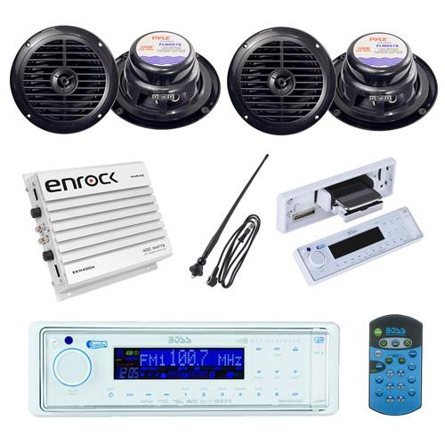 BOSS Marine Waterproof USB AUX AM/FM Receiver + 400W Amp 4 Speakers And Antenna - MPB5625