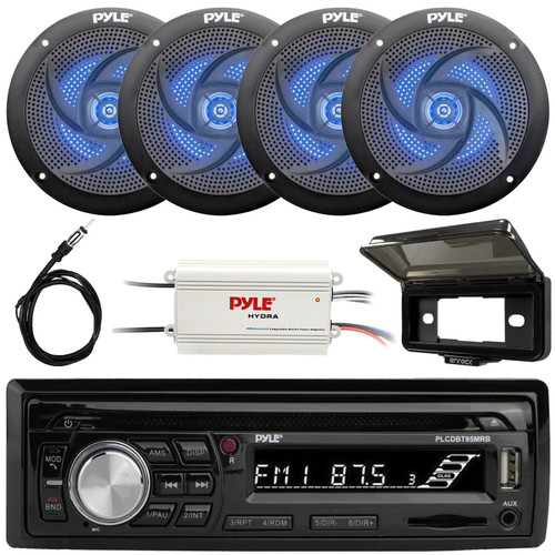 Pyle PLCDBT95 Single DIN Marine Bluetooth USB/AUX MP3/CD Player AM/FM In Dash Stereo Receiver W/Black Cover, 4x 4" 100W Max 2-Way Low Profile Blue Flashing LED Speakers, 4-Channel Amplifier, Antenna