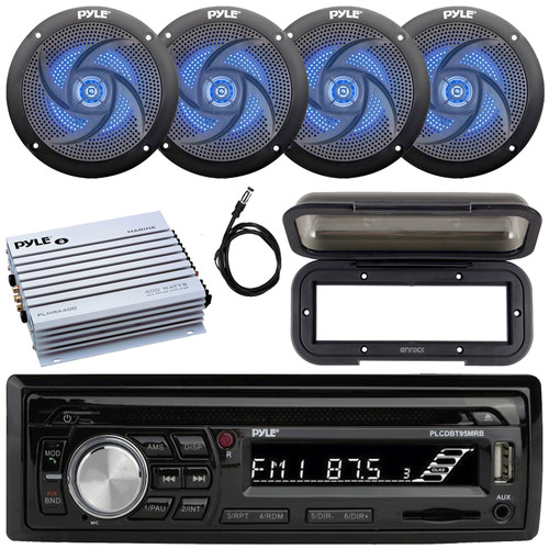 Pyle PLCDBT95 Single DIN Marine Bluetooth USB/AUX MP3/CD Player AM/FM Radio In Dash Stereo Receiver w/Black Cover, 4x 5.25" 180W Max 2-Way Slim Style Blue LED Speakers, 4-Channel Amplifier, Antenna