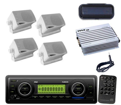 Antenna,Amp,4x 200W White Mini Speakers,Cover+Pyle Marine WB AUX SD USB MP3 Unit
