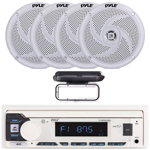 Pyle PLMRB29W2 Single DIN Marine Bluetooth USB/AUX MP3 Player AM/FM Radio Stereo Receiver w/White Cover, 4x 5.25" 180 Watt Max Power 2-Way Waterproof Low Profile Slim Style White Speakers