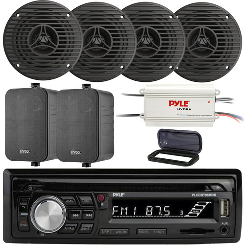 Pyle PLCDBT95 Single DIN Marine Bluetooth USB/AUX MP3/CD Player AM/FM Radio In Dash Stereo Receiver W/Black Cover, 2x 4" 30W Max Indoor/Outdoor Speakers, 4x 3.5" 75W Max Full-Range Speakers, Amplifier