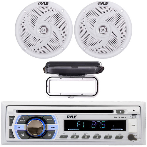 Pyle PLCD43MRB Single DIN Marine Bluetooth USB/AUX MP3 Player AM/FM Radio In-Dash Stereo Head Unit Receiver w/White Cover, 2x 4" 100W Max Power Low Profile 2-Way Waterproof White Boat Outdoor Speakers