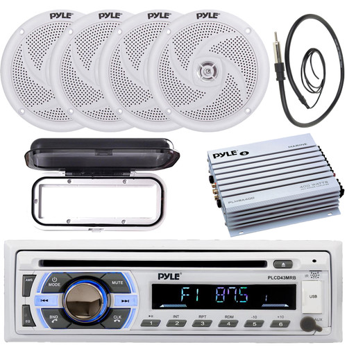 Pyle PLCD43MRB Single DIN Marine Bluetooth USB/AUX MP3 Player AM/FM Radio In-Dash Stereo Head unit Receiver W/White Cover, 4x 4'' 100W Max 2-Way low-profile Speakers, 4-Channel Amplifier, Antenna