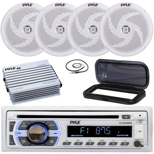Pyle PLCD43MRB Single DIN Marine Bluetooth USB/AUX MP3 Player AM/FM Radio In-Dash Stereo Head Unit Receiver w/Black Cover, 4x 4" 100W Max 2-Way White Speakers, 4-Channel Amplifier, Radio Antenna