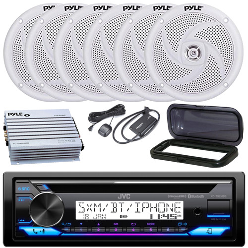 JVC KD-T92MBS Single DIN Marine MotorSports Bluetooth USB/AUX CD Player AM/FM Radio Stereo Receiver w/Black Cover, 6x 5.25" 180W Max 2-Way Speakers, 4-Channel Amplifier, Satellite Vehicle Tuner Kit