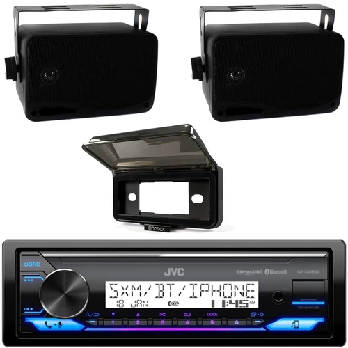 JVC KD-X38MBS Single DIN Marine Bluetooth MotorSports USB/AUX LED Illumination AM/FM Radio SiriusXM Ready Stereo Receiver w/Black Cover, 2x 6.5" 150W Max Full Range Dual Cone Waterproof Black Speakers