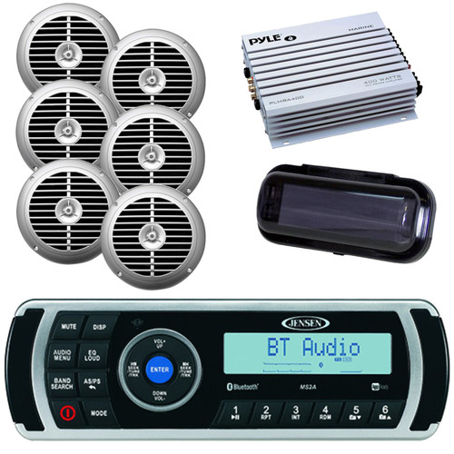 Jensen MS2A Boat Radio AUX USB Bluetooth Player Digital Media Receiver, 6x Silver Speakers, 400W Amp, Receiver Cover