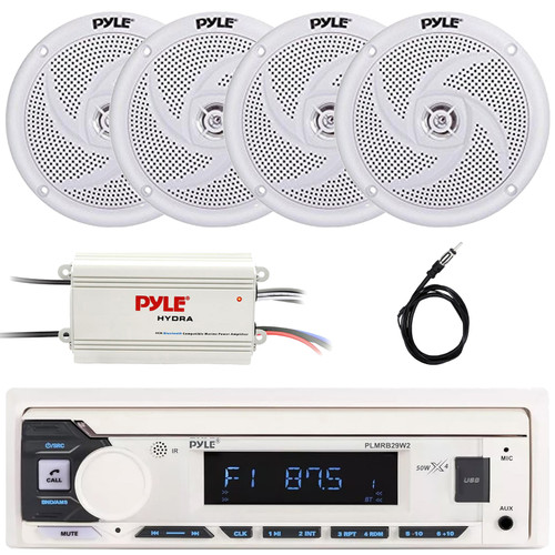 Pyle PLMRB29W2 Single DIN Marine Bluetooth USB/AUX MP3 Player AM/FM Radio Stereo Receiver, 4x 5.25" 180W Max 2-Way Waterproof Low Profile Slim Style White Speakers, 4 Channel Amplifier, Radio Antenna