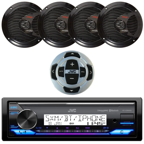 JVC KD-X38MBS Single DIN Marine Bluetooth Motorsports USB/AUX LED Illumination AM/FM Radio SiriusXM Ready Stereo Receiver w/Wired Remote, 4x 6.5" 150W Max Full Range Dual Cone Waterproof Speakers