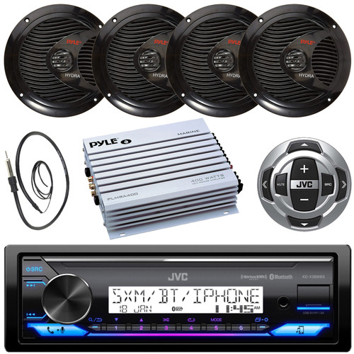 JVC KD-X38MBS Single DIN Marine Bluetooth USB/AUX LED AM/FM Radio SiriusXM Ready Stereo Receiver w/Wired Remote, 4x 6.5" 150W Max Full Range Dual Cone Speakers, 4 Channel Amplifier, Radio Antenna