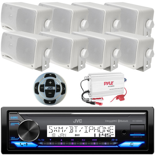JVC KD-X38MBS Single DIN Marine Bluetooth USB/AUX LED AM/FM Radio SiriusXM Ready Stereo Receiver w/Remote, 8x 3.5'' 200W Max 3-Way Weather Proof Mini Box White Speakers, 4-Channel 800W Amplifier