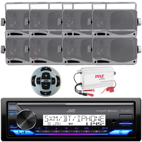 JVC KD-X38MBS Single DIN Marine Bluetooth USB/AUX LED AM/FM Radio SiriusXM Ready Stereo Receiver w/Remote, 8x 3.5'' 200W Max 3-Way Weather Proof Mini Box Silver Speakers, 4-Channel 800W Amplifier
