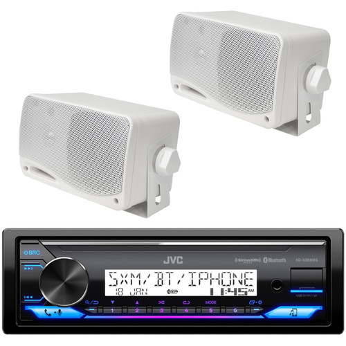 JVC KD-X38MBS Single DIN Marine MotorSports Bluetooth USB/AUX LED Illumination AM/FM Radio SiriusXM Ready Stereo Receiver, 2x 3.5'' 200 Watt Max Power 3-Way Weather Proof Mini Box White Speakers