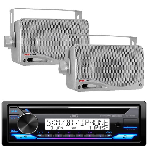 JVC KD-T92MBS Single DIN Marine MotorSports Bluetooth USB/AUX CD Player AM/FM Radio Stereo Receiver, 2x Pyle PLMR24S 3.5'' 200 Watt Max Power 3-Way Weather Proof Mini Box Silver Speakers