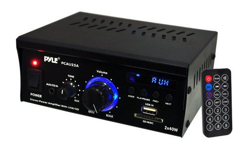 Mini 2x40 Watt Stereo Power Amplifier with USB/SD Card Readers, AUX/CD Inputs & LED Display