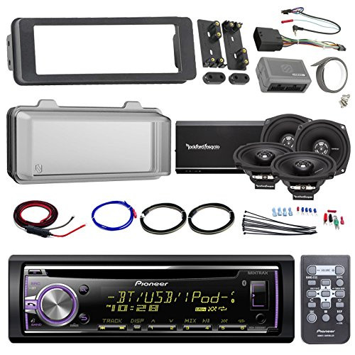 Harley Audio Package Of Pioneer DEH-X6900BT Bluetooth CD MP3 Stereo Receiver Bundle Combo With Dash Trim Kit + Radio Cover + 4x 5.25" Speaker + 4 Channel Amplifier W/ Install Kit + HandleBar Conroller
