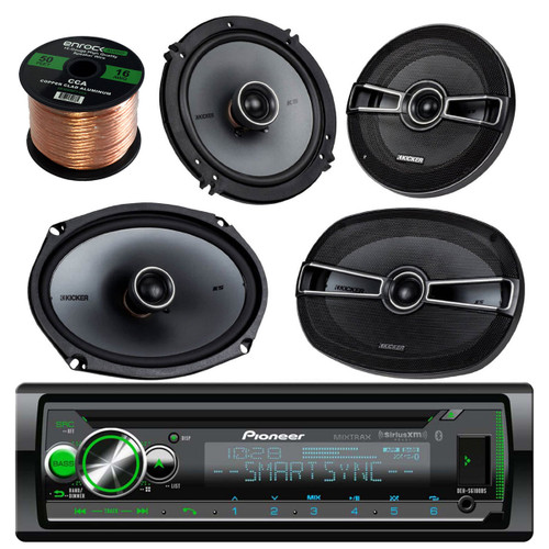 Pioneer DEHS-6100BS Bluetooth Car In Dash CD MP3 Stereo Receiver Bundle Combo With 2 Kicker 6.5 inch 200W 2-Way Stereo Speakers + 2 Kicker 6x9" Car Speaker System + Enrock 16g 50 Ft Car Speaker Wire