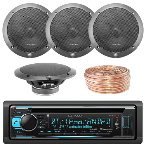 Kenwood KDCBT32 Car CD Player Receiver Bluetooth USB AUX Radio - Bundle Combo With 2x L65-S 6-1/2 Inch Full Range Black Car Component Speakers + Enrock 50 Foot 18 Gauge Wire