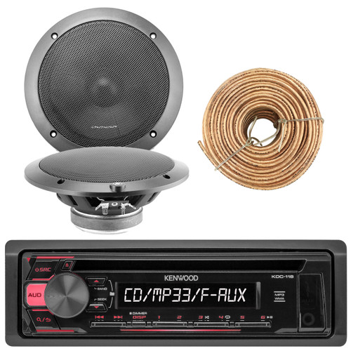 JVC KD-C118 Car CD Player Receiver USB AUX Radio - Bundle Combo With 2x L65-S 6-1/2 Inch Full Range Black Car Component Speakers + Enrock 50 Foot 18 Gauge Wire