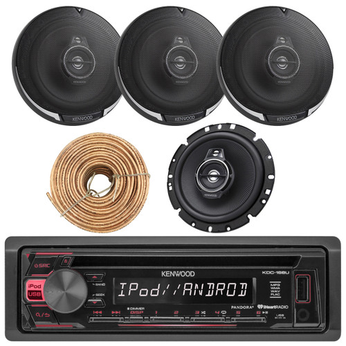 Kenwood KDC168U Car CD Player Receiver USB AUX Radio - Bundle Combo With 4x Kenwood KFC-1695PS 320W 6.5" 3-Way Audio Speaker + Enrock 50 Foot 18 Gauge Wire