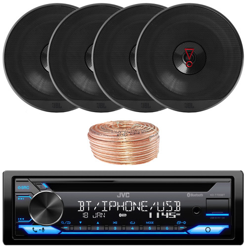 JVC KD-T720BT Single DIN Bluetooth USB/AUX CD Player AM/FM Radio Multimedia Car Audio Stereo Receiver, 4x JBL Stage3 627 6.5" 225 Watt Max Power 2-Way Coaxial Automotive Speakers, 50 Feet Speaker Wire