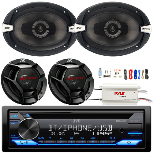JVC KD-T720BT Single DIN Bluetooth USB/AUX CD Player AM/FM Car Audio Stereo Receiver, 2x 6x9" 500W Max Power 3-Way Speakers, 2x 6.5" 300W Max Power 2-Way Coaxial Speakers, 4 Channel Amplifier W/Kit