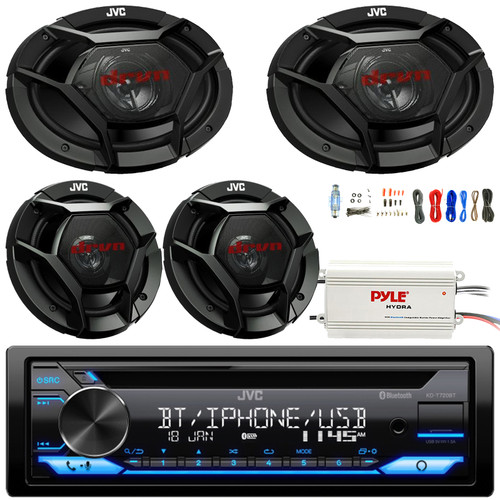JVC KD-T720BT Single DIN Bluetooth USB/AUX CD Player AM/FM Radio Multimedia Car Audio Stereo Receiver, 2x 6x9" 500W Max 3-Way Speakers, 2x 6.5" 300W Max 2-Way Speakers, 4 Channel Amplifier W/ Kit