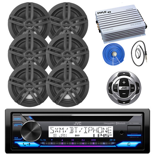 JVC KD-T92MBS Single DIN Marine USB Bluetooth Stereo CD Player Receiver w/Wired Remote, 4-Channel Amplifier, 6x 6.5" 180 Watt Peak 2-Way Water-Resistant Audio Speakers (Black) w/22" Antenna, Wire