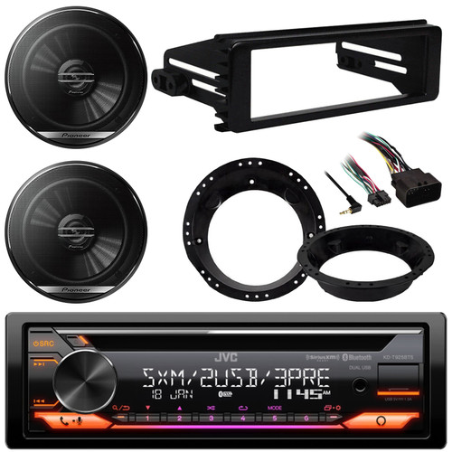 JVC KD-T925BTS Single DIN Bluetooth USB/AUX CD Player LED AM/FM Radio Stereo Receiver W/Install Kit, 2x 6.5" 300W Max 2-Way Coaxial Speakers W/Adapters (Fits 1998-2013 Harley Davidson Motorcycles)
