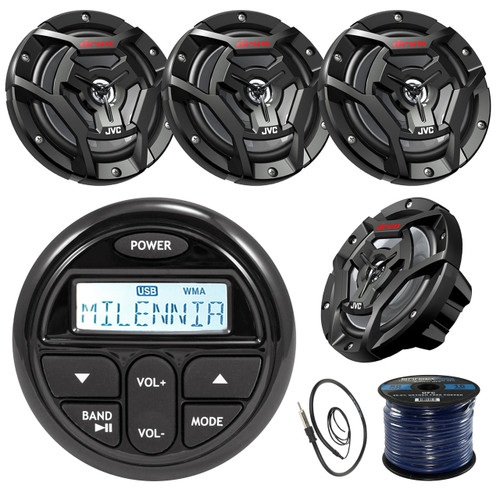 Milenna PRV17 Gauge Style Marine Boat Yacht Radio Stereo Receiver Bundle Combo With 4x JVC CS-DR6200M 100-Watt 6.5" 2-Way Coaxial Speakers + Enrock Radio Antenna + 50 Foot 16g Speaker Wire …