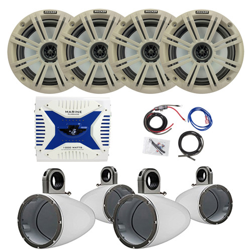 2 Pair (Qty 4) of Kicker 6.5" 195 Watt Peak 2-Way Marine Boat Audio Speakers w/White Grilles (Bulk Packaging), 4x White Marine Single Tower Speaker Enclosures, 4-Channel Bluetooth Amplifier w/Kit