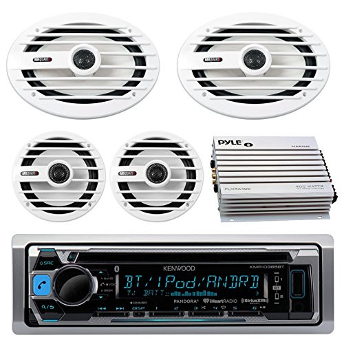 Kenwood KMRD368BT MP3/USB/AUX Marine Boat CD Player Receiver Bundle Combo With 2x MB-Quart NKF116 6.5" Inch 200W Coaxial Speakers + 2x NKF692 6x9" 260W White Speakers + 400-Watt 4-Channel Amplifier