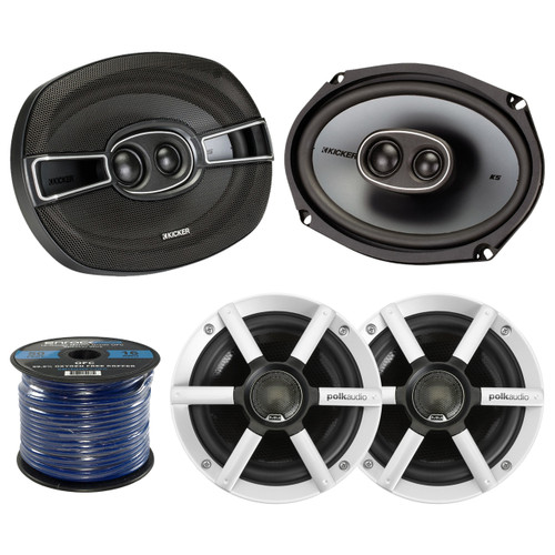 Kicker 41KSC6934 6x9" 3-Way 300 Watt Car Audio Coaxial Speakers, Polk Audio MM651UM 6.5" Inch 200-Watt Ultra Motorcycle Marine Boat 2-Way Speaker System, EnrockMarine 16 Gauge 50 Feet Tin Plated OFC Speaker Wire Cable corrosion resistant jacket