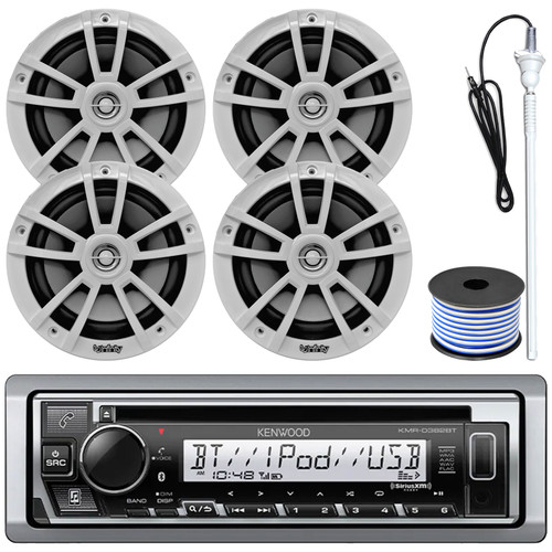 Kenwood KMR-D382BT Single-DIN Marine Bluetooth USB/AUX CD Player SiriusXM Ready Receiver, 4x 6.5" 225W Max High-Performance 2-Way Speakers, Long Range Radio Antenna, 50 Feet 18 Gauge Speaker Wire