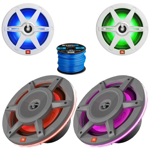 2x JBL Club 82 8" 450 Watt Max Power 2-Way High-Performance Marine RGB LED Speakers with White and Gray Grilles, 2x 6.5" 300W Max Power 2-Way RGB LED Gray Boat Speakers, 50 Feet 16 Gauge Speaker Wire