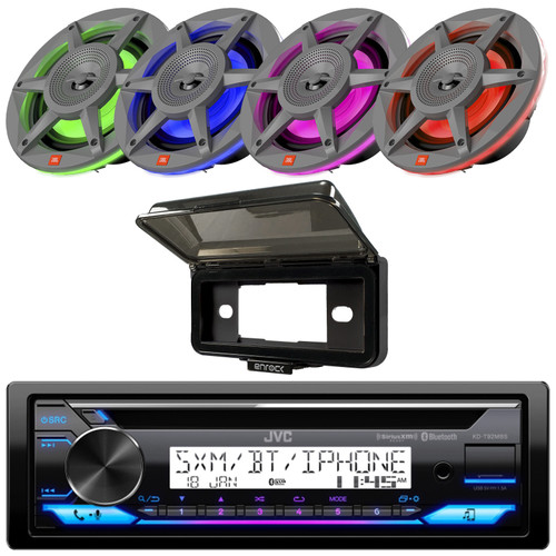 JVC KD-T92MBS Single DIN Marine Bluetooth MotorSports USB/AUX CD Player AM/FM Radio Stereo Receiver w/Black Cover, 4x 6.5" 300 Watt Max Power 2-Way RGB LED Gray Boat Audio Speakers
