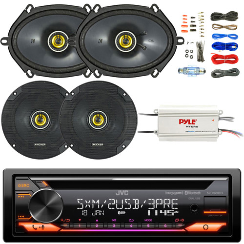 JVC KD-T925BTS Single DIN Bluetooth USB/AUX CD Player LED AM/FM Radio Car Audio Stereo Receiver, 2x 6x8" 225W Max 2-Way Speakers, 2x 6.5" 300W Max Coaxial Speakers, 4-Channel Amplifier W/Wiring Kit