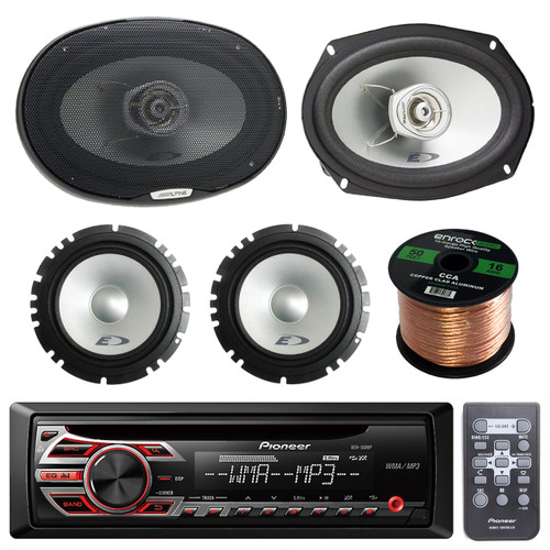 Pioneer DEH150MP Single DIN Car Stereo Bundle - Alpine SXE1750S Car Audio 6.5-Inch Component Speaker Set Of 2 Bundle + Alpine SXE-6925S 6x9" 280W 2-Way Car Speaker Set Of 2 - Enrock 50Ft Speaker Wire