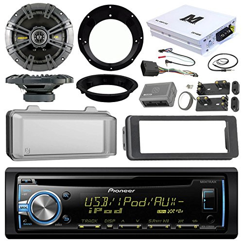 Pioneer DEH-X3800UI CD Receiver Bundle / 2 Kicker 6.5" Speaker + Motorcycle Speaker Adapters + Amplifier + Dash Kit W/ Radio Cover + Handle Bar Conrol for 98-2013 Harley Davidson + Enrock Antenna