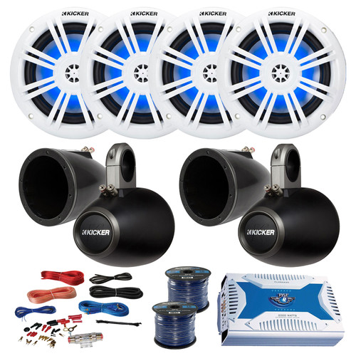 Kicker Black Single Wakeboard Tower Enclosures with 2 Pair (Qty 4) 6.5" 150 Watt Max Blue Flashing LED Boat Audio White Speakers, 6-Channel Marine Bluetooth Amplifier w/Wiring Kit, Wire