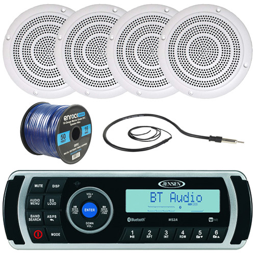 Jensen MS2A Marine AM/FM Radio USB Bluetooth Waterproof Stereo Receiver, 4x Magnadyne WR20W 5" Dual Cone Waterproof White Marie Speakers, Enrock 22" Radio Antenna, 50 Foot 16G Speaker Wire