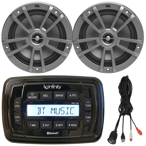 Infinity PRV250 Marine Bluetooth USB/AUX AM/FM Radio Digital Media Black Stereo Receiver, 2x JBL 6.5" 180 Watts Max Power 2-Way Multi-Element Gray Boat Speakers, USB/AUX 3.5mm Interface Adapter