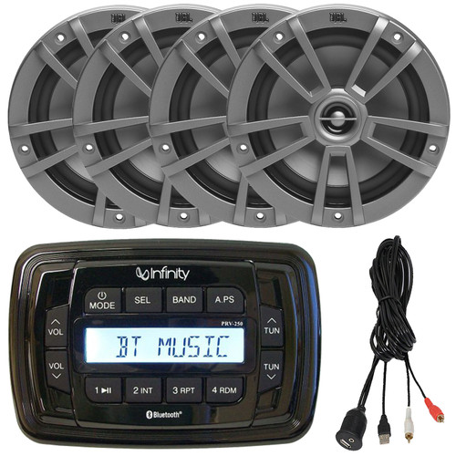 Infinity PRV250 Marine Bluetooth USB/AUX AM/FM Radio Digital Media Stereo Receiver, 4x 6.5" 180 Watts Max Power 2-Way Multi-Element Gray Boat Speakers, USB/AUX 3.5mm Interface Adapter