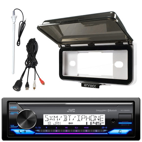 JVC KD-X38MBS Single DIN Marine MotorSports Bluetooth USB/AUX LED Illumination AM/FM Radio SiriusXM Ready Stereo Receiver, White Receiver Dash Kit Cover Protector, USB/AUX Adapter, Radio Antenna