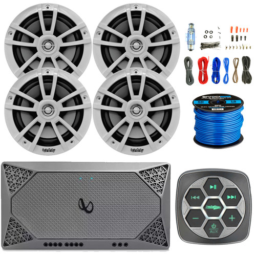 Metra IBBTR19 Marine Bluetooth 3-Zone Controller, 4x 6.5" 225 Watt Max Power High-Performance White Speakers, 4-Channel Weather-Resistant Compact Amplifier W/8 Gauge Wiring Install Kit, Speaker Wire
