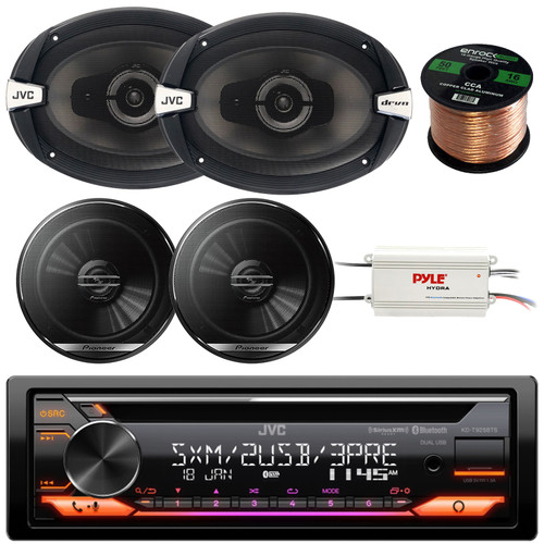 JVC KD-T925BTS Single DIN Bluetooth USB/AUX CD Player LED AM/FM Radio Car Audio Stereo Receiver, 2x 6x9" 500W Max 3-Way Speakers, 2x 6.5" 300W Max 2-Way Speakers, 4 Channel Amplifier, Speaker Wire