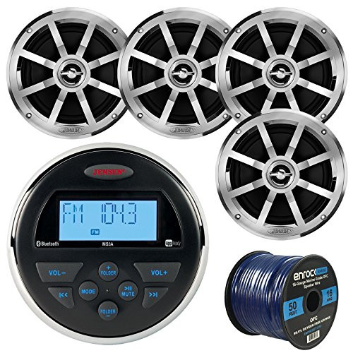 Jensen MS3A-RTL Gauge Style Marine Boat Bike Digital Media Bluetooth Receiver Bundle Combo W/ 4x MSX60CPR 6.5" Inch 2-Way Speakers + Enrock USB/AUX To RCA Interface Mount Cable + 50Ft Speaker Wire
