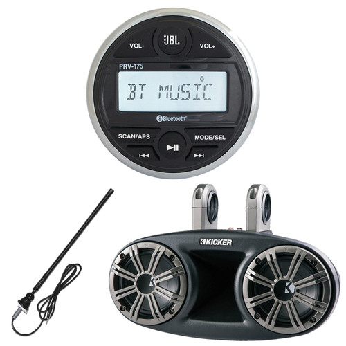 JBL PRV 175 AM/FM/USB/Bluetooth Gauge Style Stereo, Kicker 41KMT674 6.75" 300 Watts Marine/Boat Wakeboard Tower Speakers with Dual Mounting Option, Enrock Rubber Mast Marine Boat Yacht AM/FM Black Radio Antenna